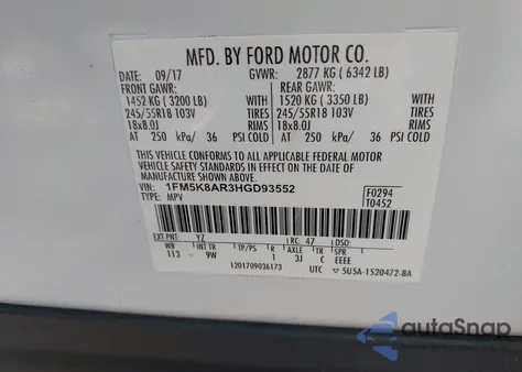 2017 Ford Police Interceptor из США, поврежденный, VIN 1FM5K8AR3HGD93552